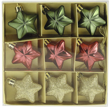 Neun sternförmige Christbaumkugeln in einer Verpackung