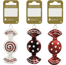 Drei Bonbon Christbaumkugeln mit unterschiedlichen Mustern