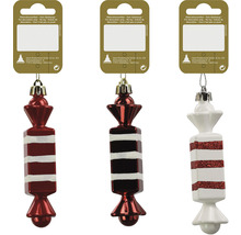 Drei Bonbon-förmige Christbaumkugeln mit Streifenmuster