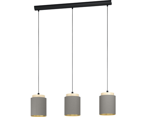 Suspension 3 ampoules hxL 110x89,5 cm noir/bois clair abat-jour cappuccino intérieur doré