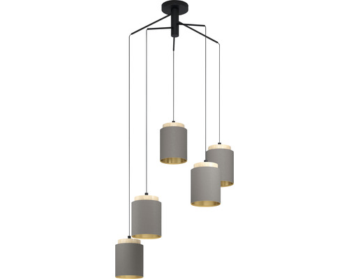 Suspension 5 ampoules hxØ 110x70 cm noir/bois clair abat-jour cappuccino intérieur doré