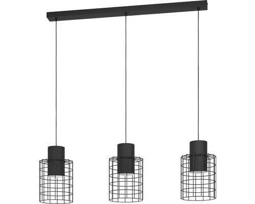 Suspension 3 ampoules hxL 110x103 cm noir cylindre extérieur noir intérieur blanc Suspension à trois lampes avec abat-jour en forme de cage