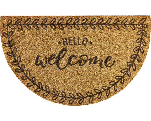 Paillasson en fibre de noix de coco Finesse Hello Welcome 45x75 cm Paillasson demi-lune en fibre de coco avec message de bienvenue et décor de feuilles
