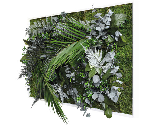 Wandbild mit künstlichen Pflanzen in einem weißen Rahmen