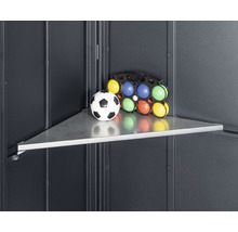 Étagère d''angle dans abri de jardin en métal avec ballon de football et boules de pétanque