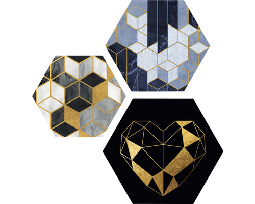 Hexagon Bild Golden Plattern II 3er-Set 3x 45x45 cm