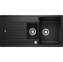 Schwarze Küchenspüle mit Abtropffläche und zwei Becken