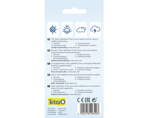 Tetra LightWave Timer, verso de l''emballage avec des informations sur les fonctions