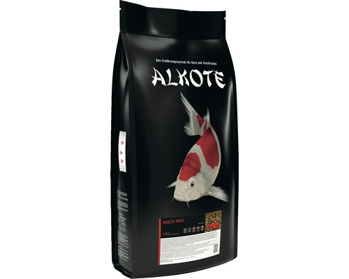 Nourriture pour bassin de jardin ALKOTE Multimix 6 mm9 kg Aliments pour poissons Al-Kote Multi Mix dans un emballage noir avec une image de carpe