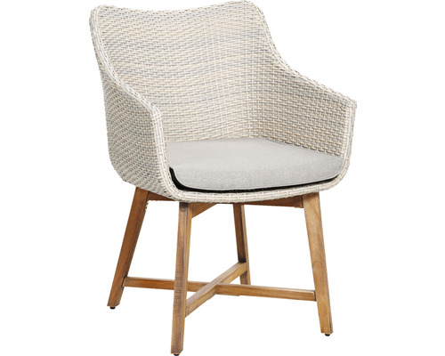 Ensemble Paterna 4 places composé de : 4 fauteuils corbeille 61 x 63 x 88 cm bois rotin synthétique crème rembourrage de siège résistant aux intempéries