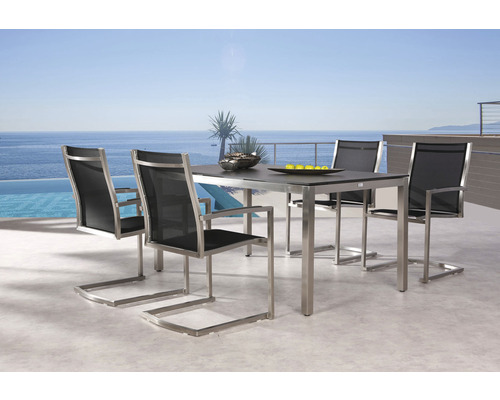 Ensemble Marbella 4 places composé de: 4 fauteuils suspendus, table 160 x 90 cm acier inoxydable stable empilable