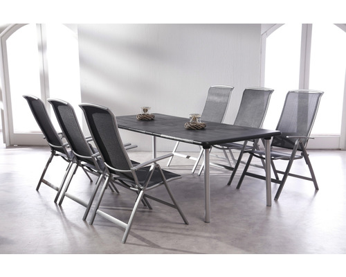 Ensemble Palermo 6 places composé de: 6 fauteuils, table extensible 160/220 x 100 cm aluminium argent rabattable