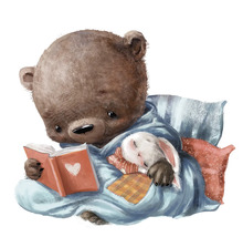 Illustration eines Bären, der ein Buch liest, während ein Kaninchen schläft