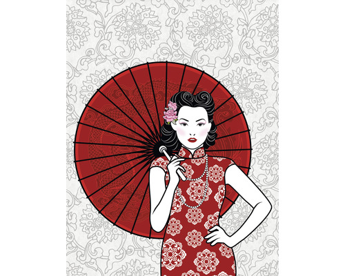 Papier peint panoramique intissé impression digitale DD118781 Asian Fusion Miss Saigon 2 2 pces 200 x 260 cm Illustration d''une femme en robe chinoise avec un parasol rouge