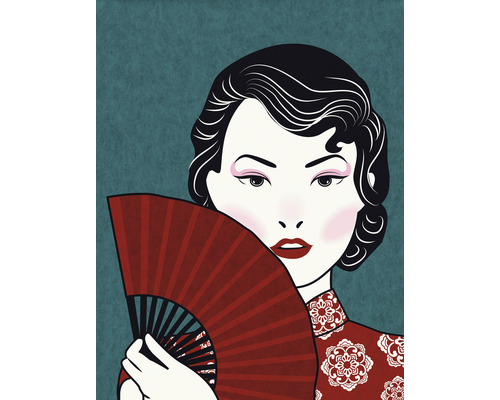 Papier peint panoramique intissé impression digitale DD118782 Asian Fusion Miss Saigon 3 2 pces 200 x 260 cm Illustration d''une femme avec un éventail de style chinois