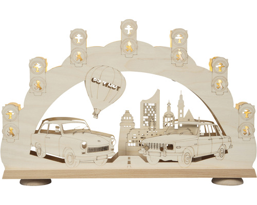 3D-Lichterbogen Saico Ostalgie 7-flammig Lichtfarbe warmweiß Lichterbogen mit Stadtmotiv, Trabant und Wartburg aus Holz