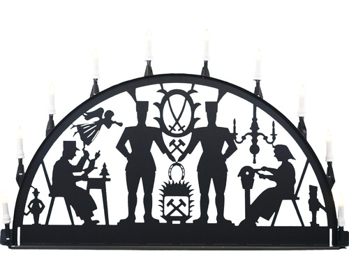 Metallschwibbogen Saico Bergmannsmotiv B 100 cm 7-flammig Lichtfarbe warmweiß Schwarzer Schwibbogen mit Motiven aus dem Bergbau und Kerzen