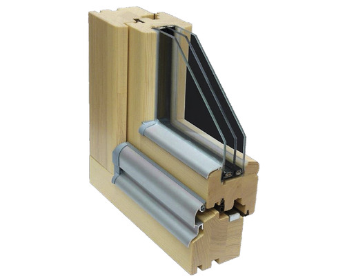 Querschnitt eines Holzfensters mit Dreifachverglasung