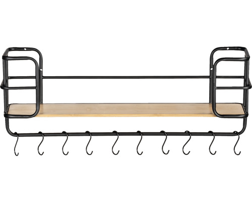 Wandregal aus Metall mit Hakenleiste und Holzablage