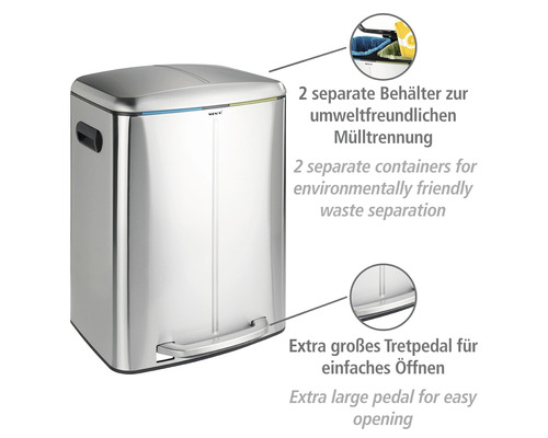Poubelle en acier inoxydable avec deux récipients séparés pour le tri des déchets et grande pédale pour une ouverture facile