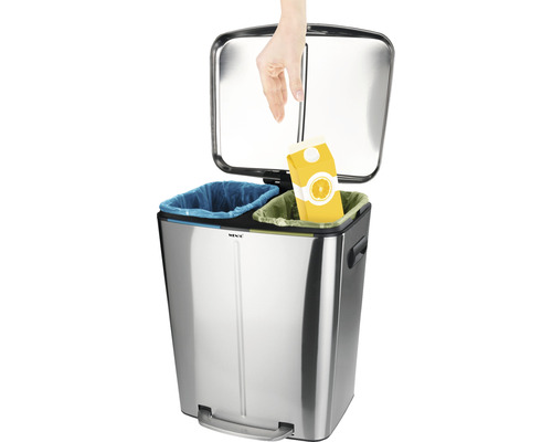 Système de tri des déchets en acier inoxydable avec pédale et deux bacs pour le tri des déchets