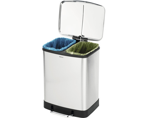 Poubelle de tri sélectif en acier inoxydable avec deux compartiments et pédale