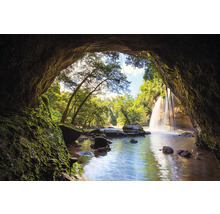 Blick aus einer Höhle auf einen Wasserfall, umgeben von Bäumen und Felsen