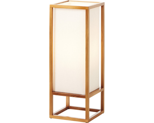 Stehlampe mit Holzrahmen und Stoffschirm