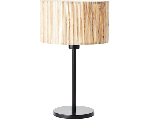 Tischleuchte mit Lampenschirm aus Naturfasern und schwarzem Fuß