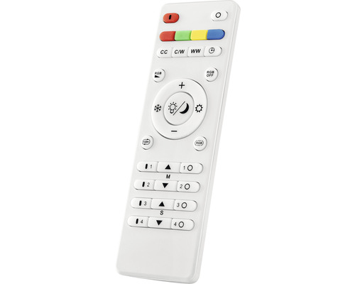 Télécommande blanche pour éclairage avec différents boutons pour contrôler les effets de lumière et la luminosité