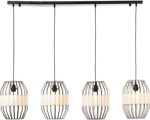 Suspension à quatre lampes avec cage métallique et abat-jour en tissu