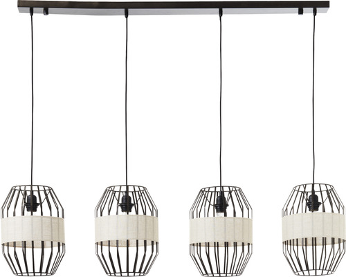 Suspension à quatre lampes avec abat-jour en fil métallique et tissu