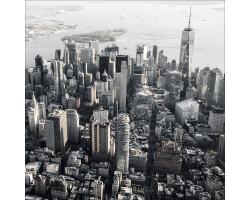 Vue aérienne de la skyline de New York avec de nombreux gratte-ciel et le One World Trade Center.