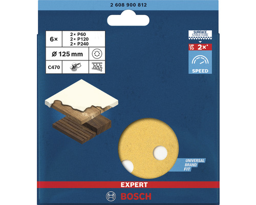 Papier abrasif Bosch Expert C470, grain P60, P120, P240, diamètre 125 mm, 6 pièces
