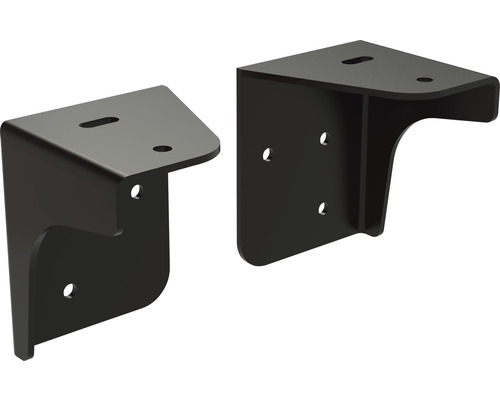 Deux équerres d''angle noires en métal avec trous de fixation