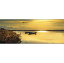 Landschaft mit See, Schilf und Booten