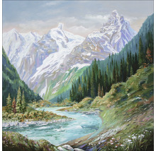 Gemälde einer Berglandschaft mit Fluss und schneebedeckten Gipfeln