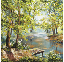 Gemälde einer Waldlandschaft mit See und Steg