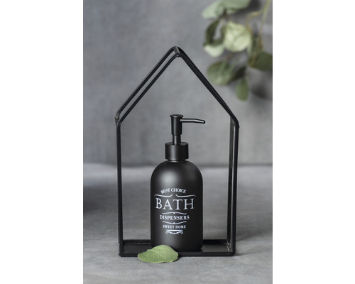 Distributeur de savon noir avec cadre noir en forme de maison pour la salle de bain