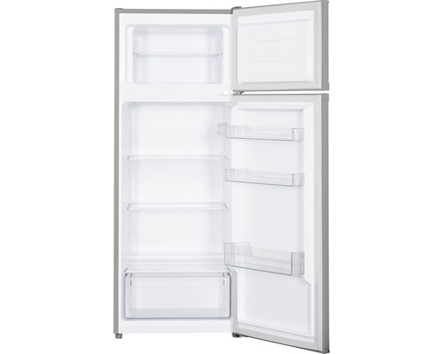 Réfrigérateur ouvert avec étagères et compartiment congélateur