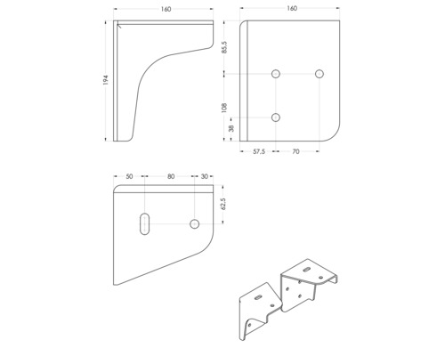 Dessin technique d''une équerre de meuble avec les dimensions