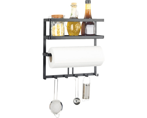 Küchenregal mit zwei Ablagen, Papierrollenhalter und Hakenleiste zur Aufbewahrung von Küchenutensilien