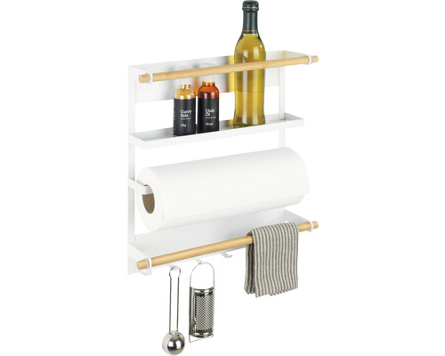 Küchenregal mit zwei Ablagen, einer Papierrollenhalterung und einer Stange mit Haken zur Aufbewahrung von Küchenutensilien