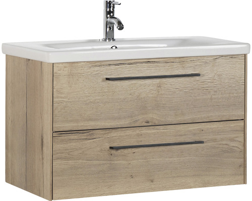 Meuble sous-lavabo avec deux tiroirs, lavabo en céramique et robinetterie