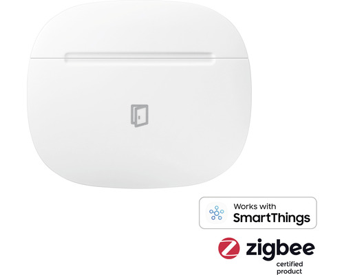 Weißer Tür- und Fenstersensor mit SmartThings und Zigbee Logos.
