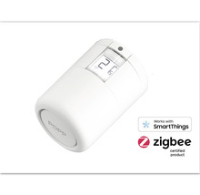 Thermostat de radiateur Popp avec le logo SmartThings et le produit certifié Zigbee