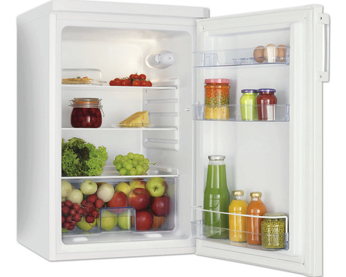Kühlschrank Amica VKS 15122-1 W BxHxT 55 x 88.5 x 60 cm Geöffneter Kühlschrank gefüllt mit Lebensmitteln wie Obst, Gemüse, Käse und Getränken