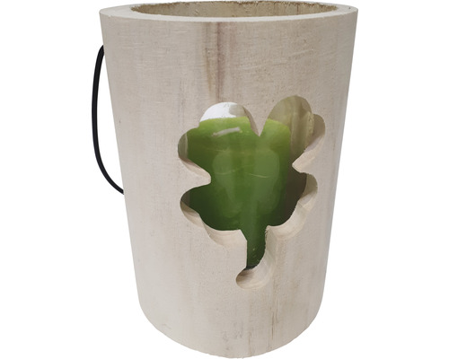 Lanterne en bois Ø 15 cm H 18 cm Citronella vert durée de combustion 50 heures Lanterne en bois avec motif de trèfle