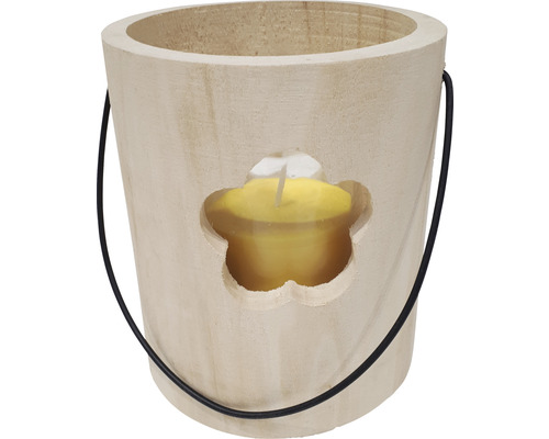 Lanterne en bois Ø 15 cm H 18 cm Citronella jaune durée de combustion 50 heures Photophore en bois avec découpe fleur et bougie chauffe-plat