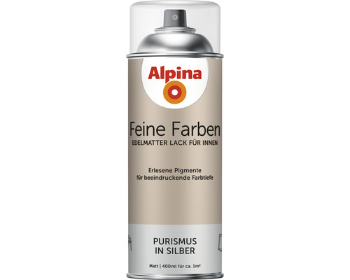 Peinture aérosol Alpina Feine Farben Purisme en argent 400 ml Alpina Feine Farben Laque d''intérieur en aérosol, couleur argent, environ 400 ml